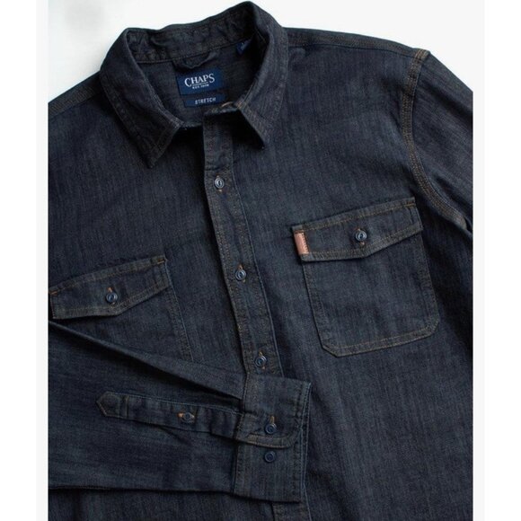 Chaps Mens BIG &TALL 4XB Comfort Stretch Button Denim Shirt Dark Rinse NWT New - Picture 2 of 8